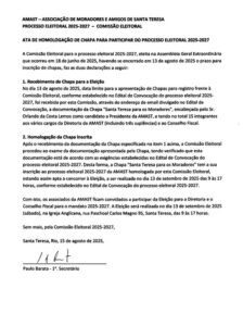 Eleições na AMAST - Comissão Eleitoral homologa candidatura da chapa “Santa Teresa para os moradores”